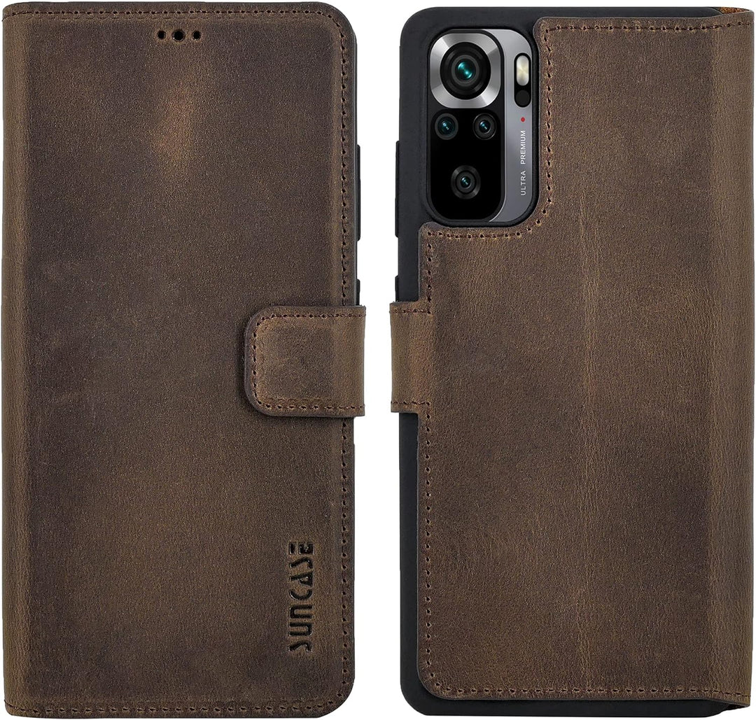 Suncase Book-Style Hülle kompatibel mit Xiaomi Redmi Note 10S Leder Tasche (Slim-Fit) Lederhülle Han