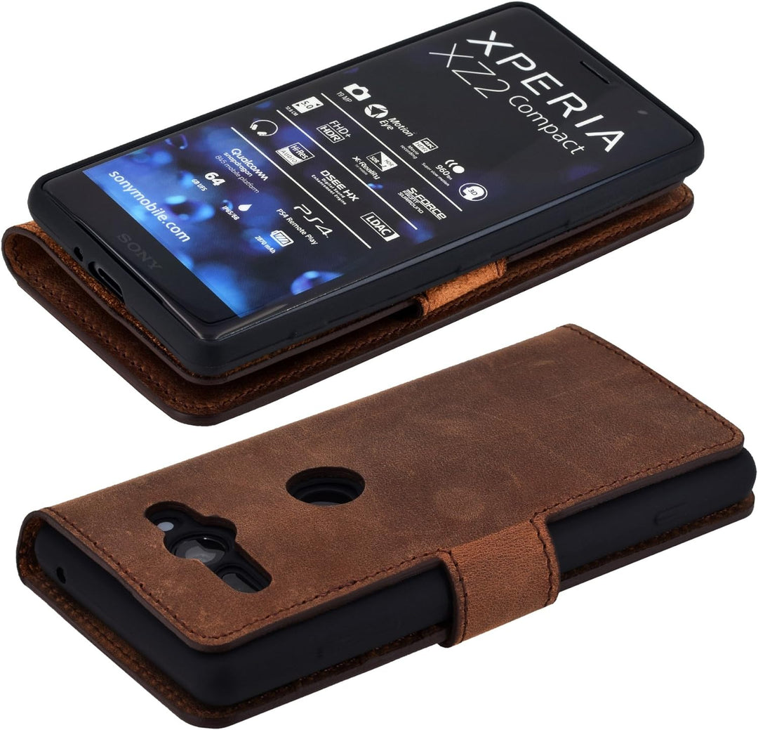 Suncase Book-Style kompatibel für Sony Xperia XZ2 Compact Hülle (Slim-Fit) Leder Tasche Handytasche