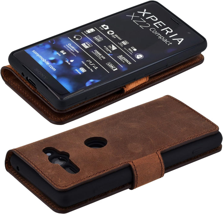 Suncase Book-Style kompatibel für Sony Xperia XZ2 Compact Hülle (Slim-Fit) Leder Tasche Handytasche