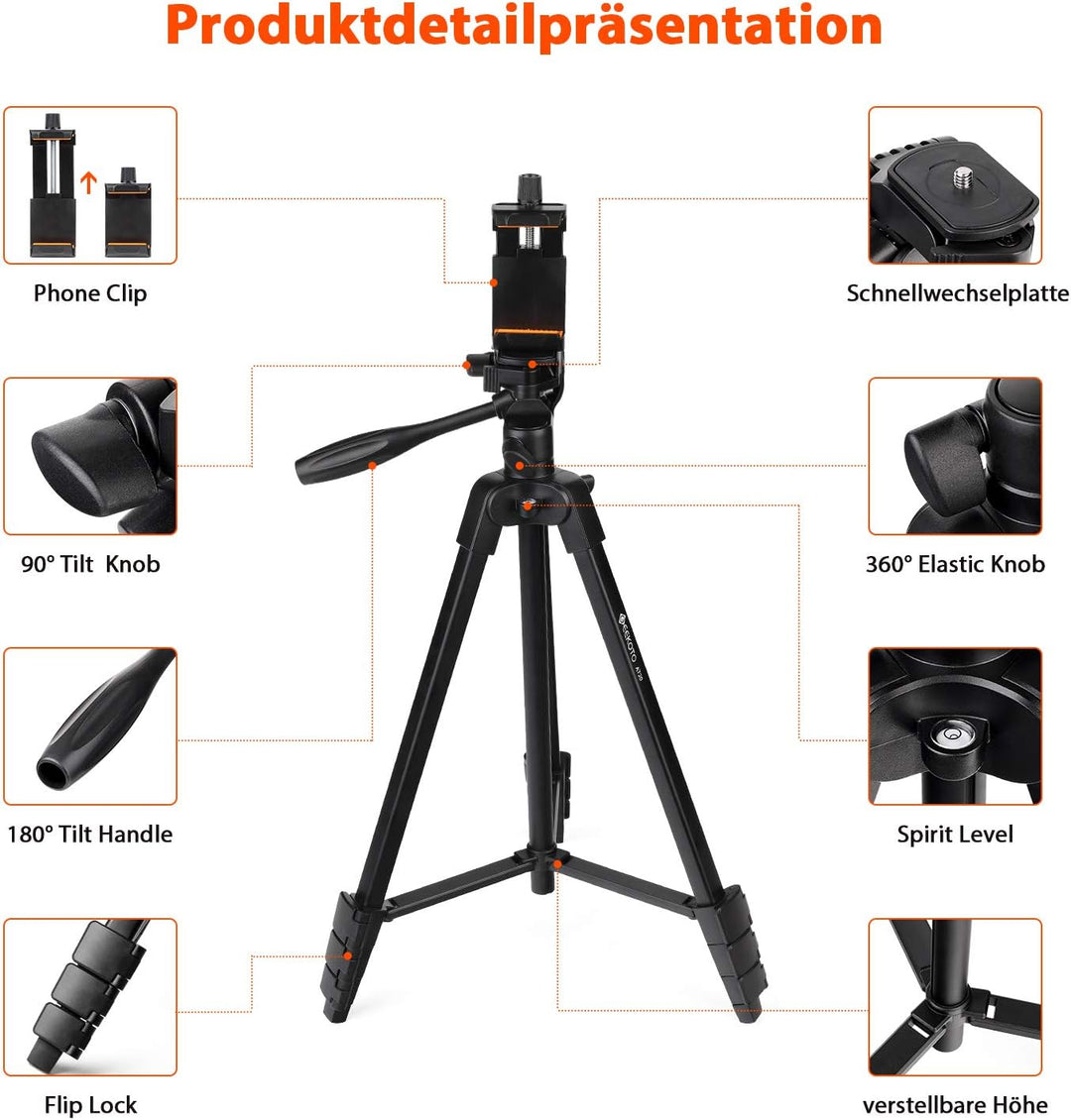 GEEKOTO Handy Stativ Ausziehbar, 54" Stativ für Smartphone mit 360-Grad-Panorama-Drehplattform und 1