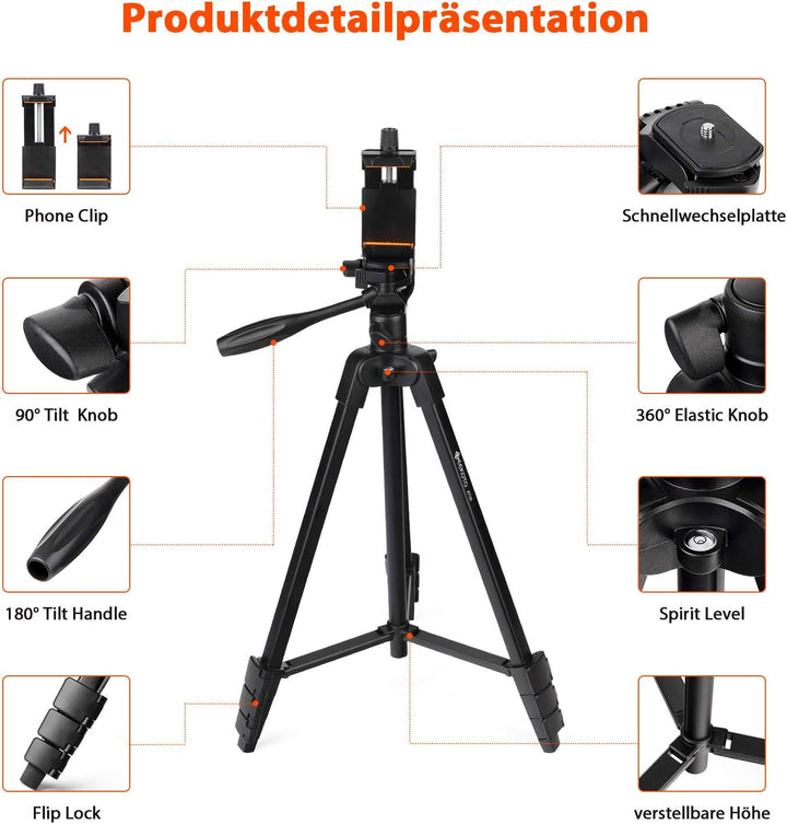 GEEKOTO Handy Stativ Ausziehbar, 54" Stativ für Smartphone mit 360-Grad-Panorama-Drehplattform und 1