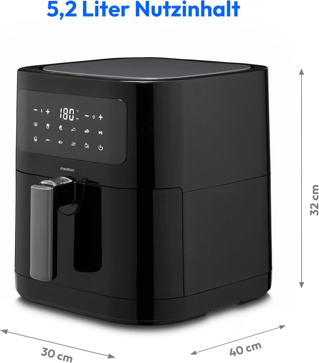 MEDION E40 XL Heissluftfritteuse (5,2 Liter Frittierkorb, 2.150 Watt, 9 Automatikprogramme, Backfunk