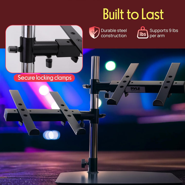 Pyle Portable Dual Laptop Stand - Universal Standing Table Holder with Bracket Arms, Adjustable Heig