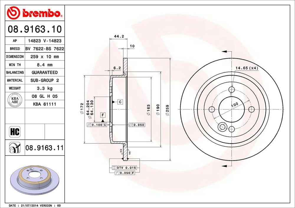 Brembo 08.9163.11 Hintere Bremsscheibe, Anzahl 2