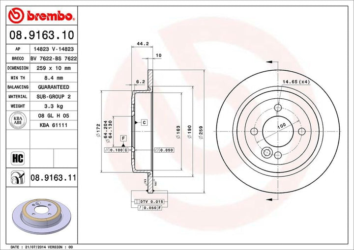 Brembo 08.9163.11 Hintere Bremsscheibe, Anzahl 2