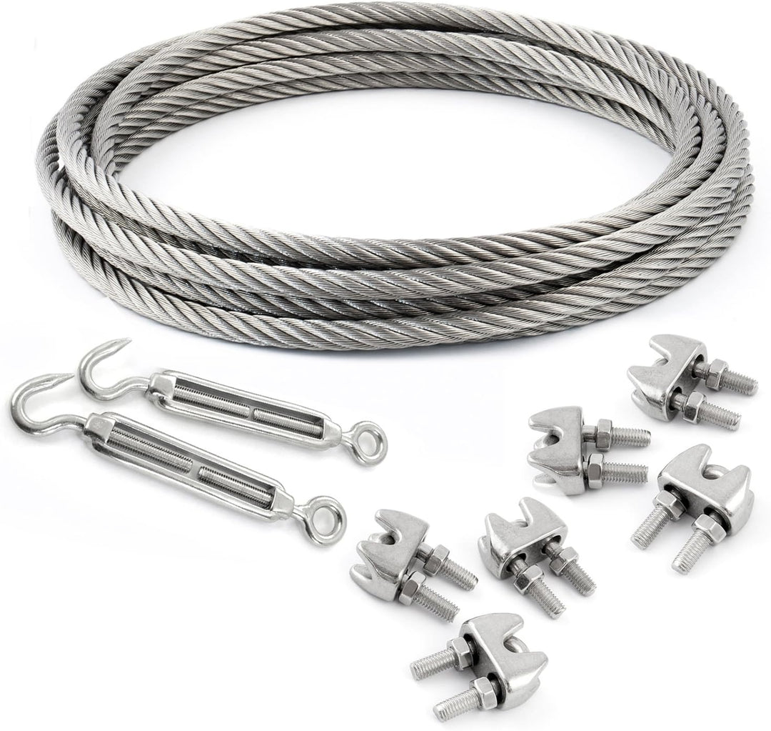 15m EDELSTAHLSEIL SET 4mm 7x7+6 x SEILKLEMMEN V4A+2 x SPANNSCHLOSS HAKEN - ÖSE Stahlseil Inox VA Sei
