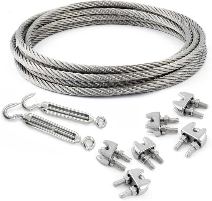 15m EDELSTAHLSEIL SET 4mm 7x7+6 x SEILKLEMMEN V4A+2 x SPANNSCHLOSS HAKEN - ÖSE Stahlseil Inox VA Sei