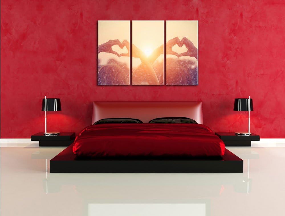 Pixxprint Zwei Mädchen Zeigen Herzmotiv bei Sonnenuntergang Kunst Buntstift Effekt 3-Teiler Leinwand