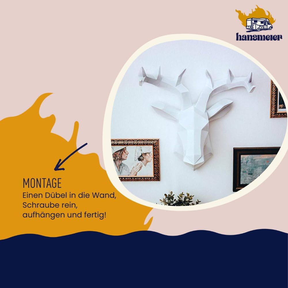 Hansmeierยฎ Hirsch Wandskulptur | Weiss | 42 x 41 cm | Wanddeko Geweih Modern | Hirschkopf 3D Deko Sc