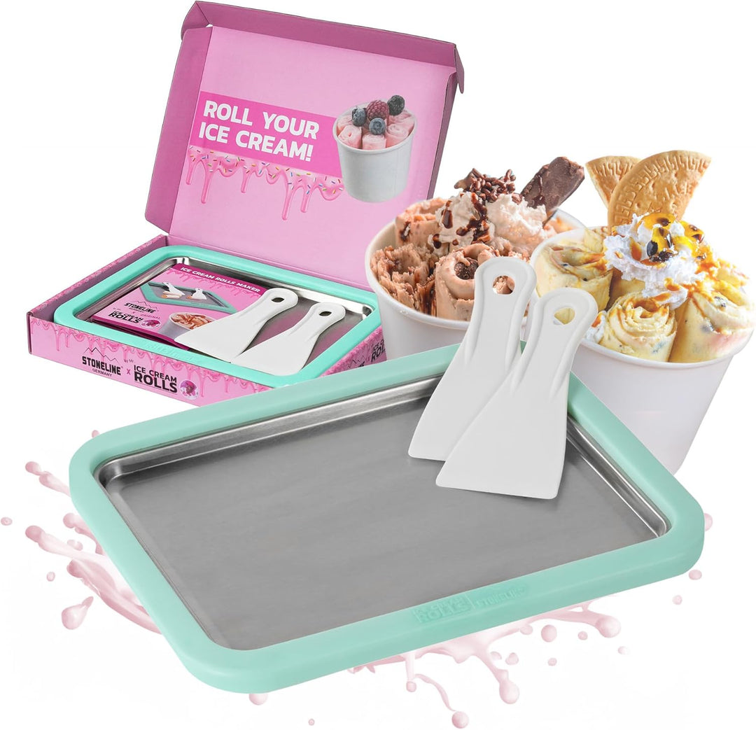 STONELINE by Mr. Ice Cream Rolls ORIGINAL Ice Cream Rolls Maker Eisplatte Mint 26x21x3,5 cm mit 2 Sp