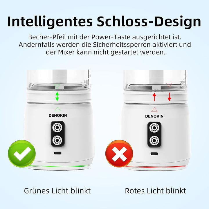 DENOKIN Tragbarer Mixer, 700ml Smoothie Maker to Go, Mini-Standmixer mit 6-Klingen Edelstahl, Wieder
