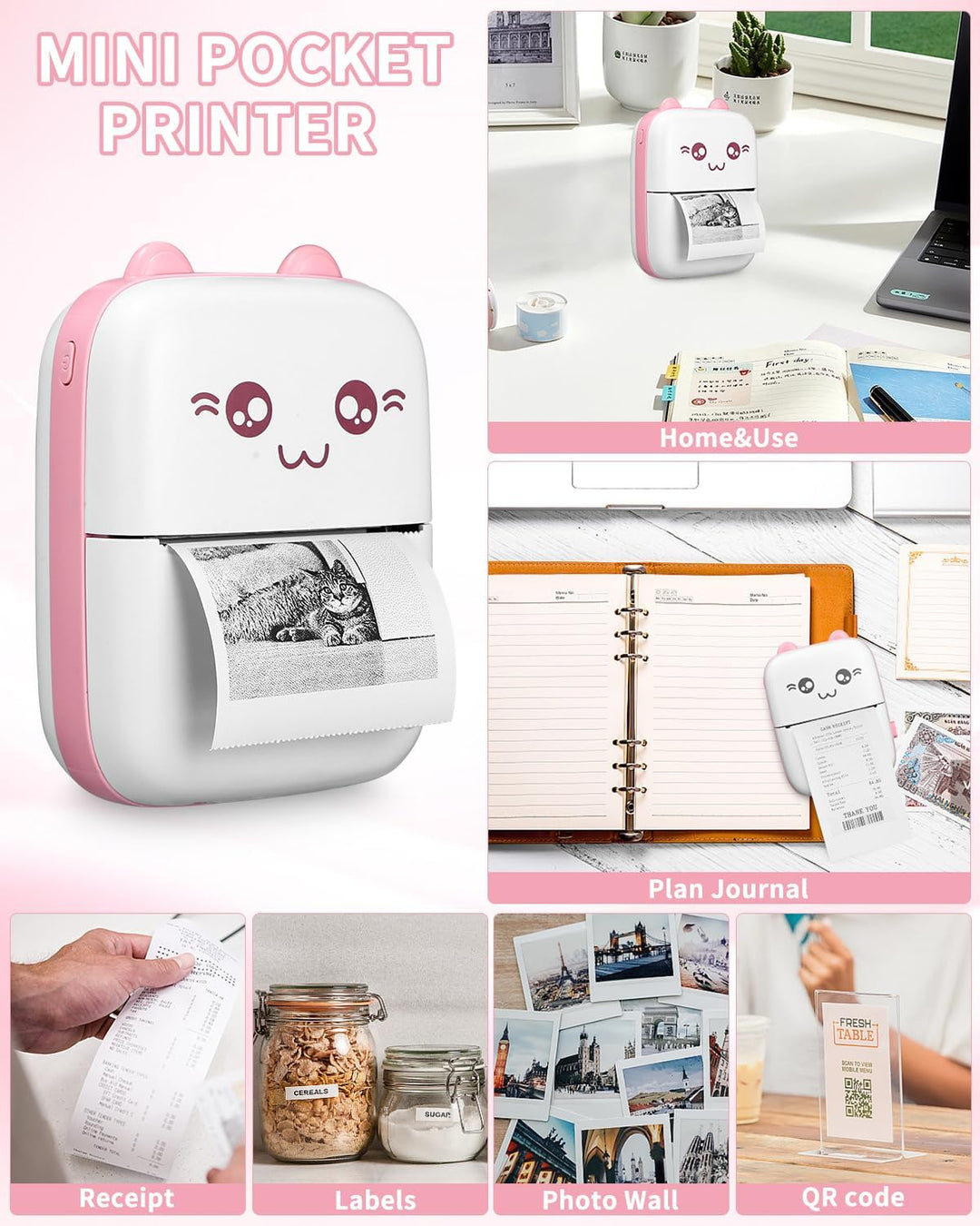 Zounin Mini Drucker, Tragbarer Fotodrucker, Smartphone Bluetooth Drucker (PINK), PINK