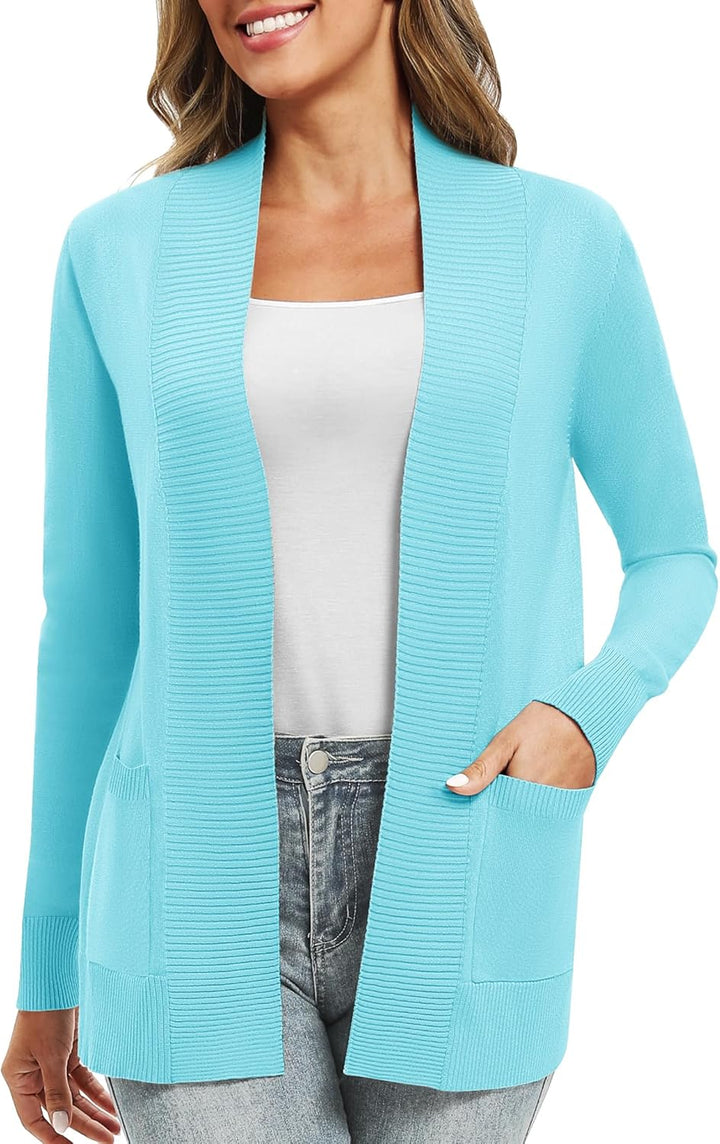 EXCHIC Leicht Damen Lange Ärmel V-Ausschnitt Lange Gestrickt Cardigan Gemütlich Offene Front Strickj
