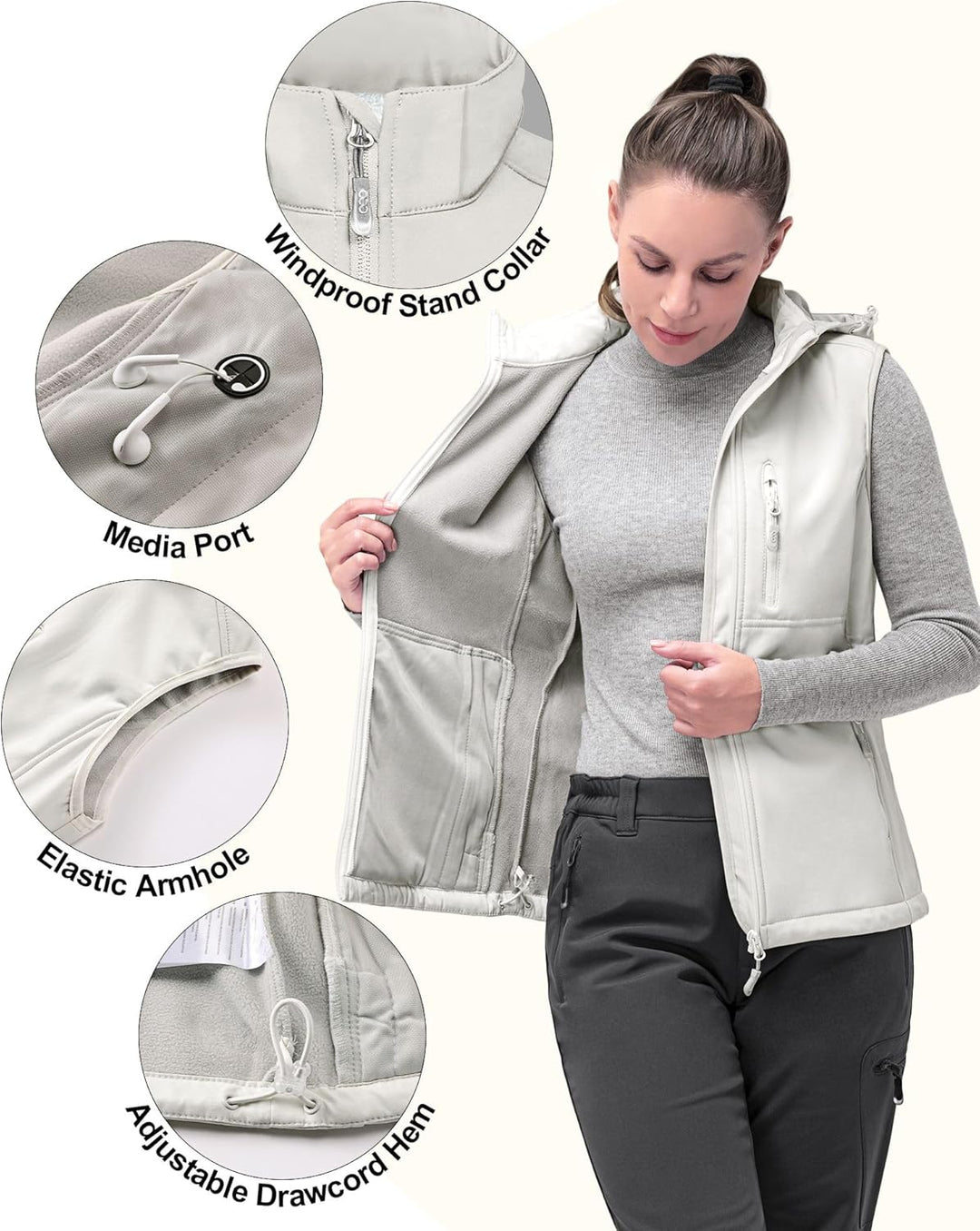 33,000ft Damen Softshell Westen mit Abnehmbare Kapuze Fleece Gefütterte Ärmellose Jacke Wasserdichte