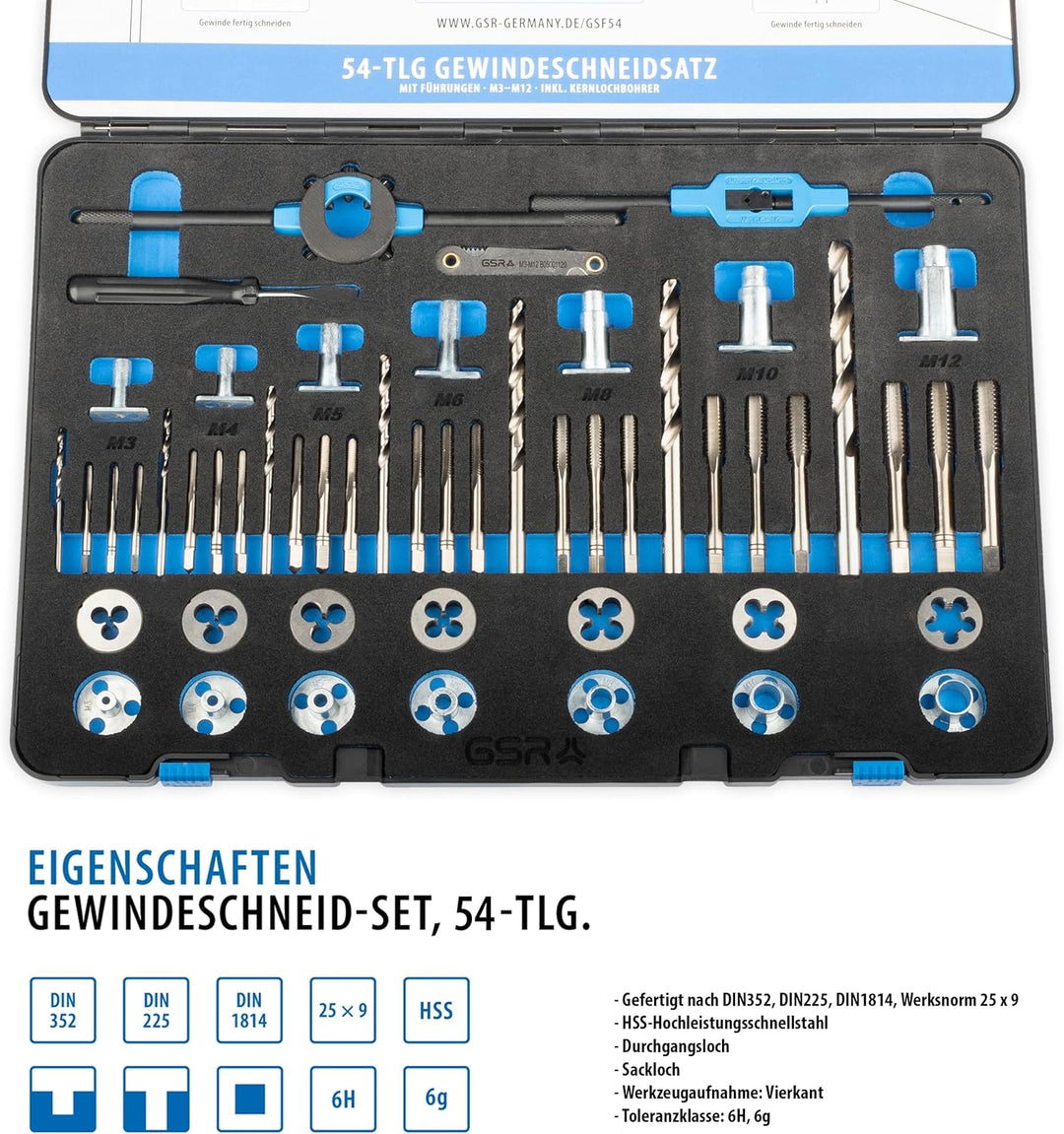 Gewindeschneid-Sortiment M3-M12 HSS, Mit Führungen für Handgewindebohrer und Schneideisen und Kernlo