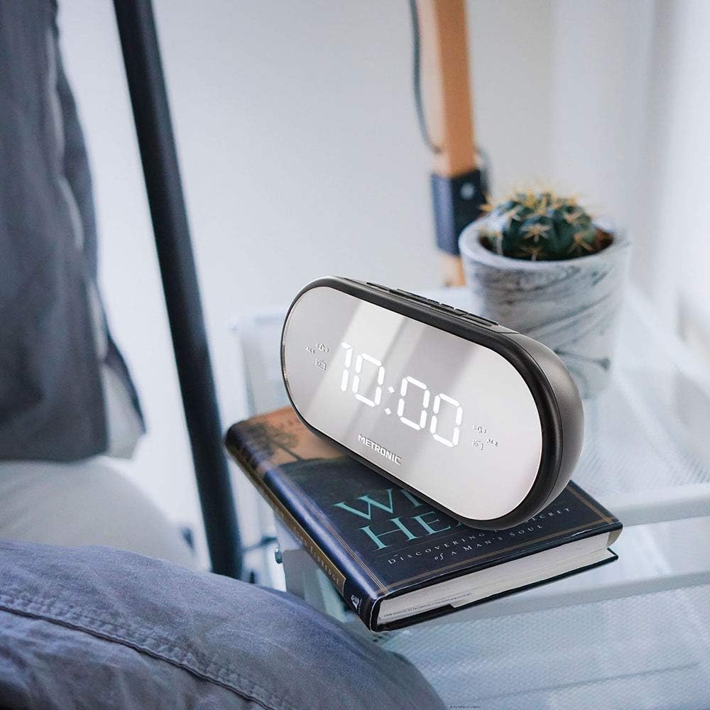 Metronic 477037 FM-Radiowecker, Spiegel, Doppelalarm, mit Sleep/Snooze-Funktion, einstellbare Hellig