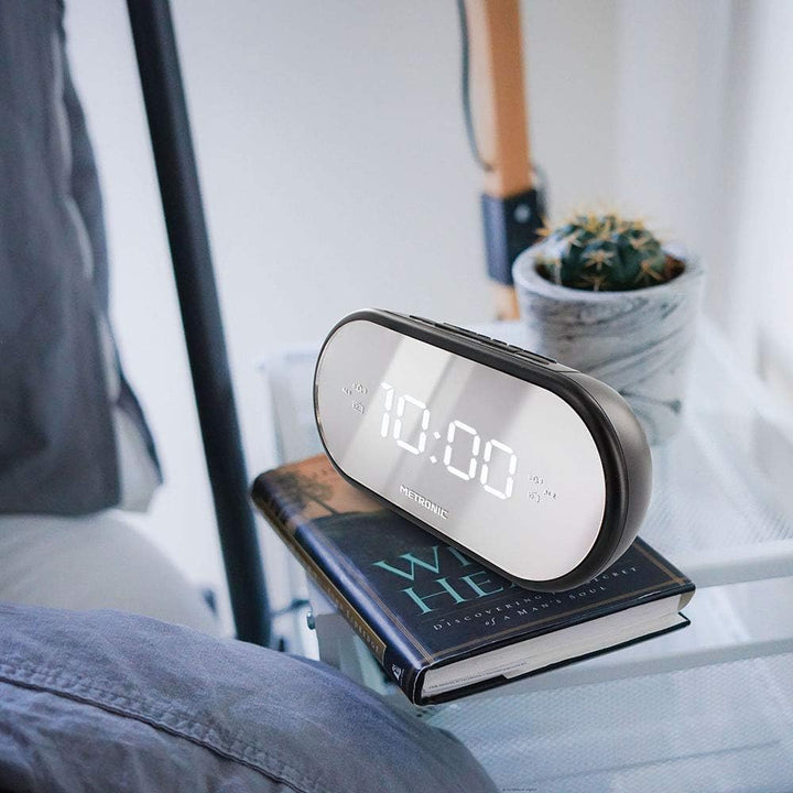 Metronic 477037 FM-Radiowecker, Spiegel, Doppelalarm, mit Sleep/Snooze-Funktion, einstellbare Hellig