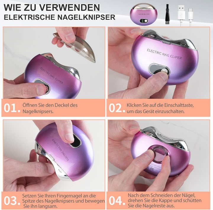 Automatischer elektrischer Nagelknipser mit 3 Geschwindigkeitsstufen und Nagelklammeraufbewahrung, L