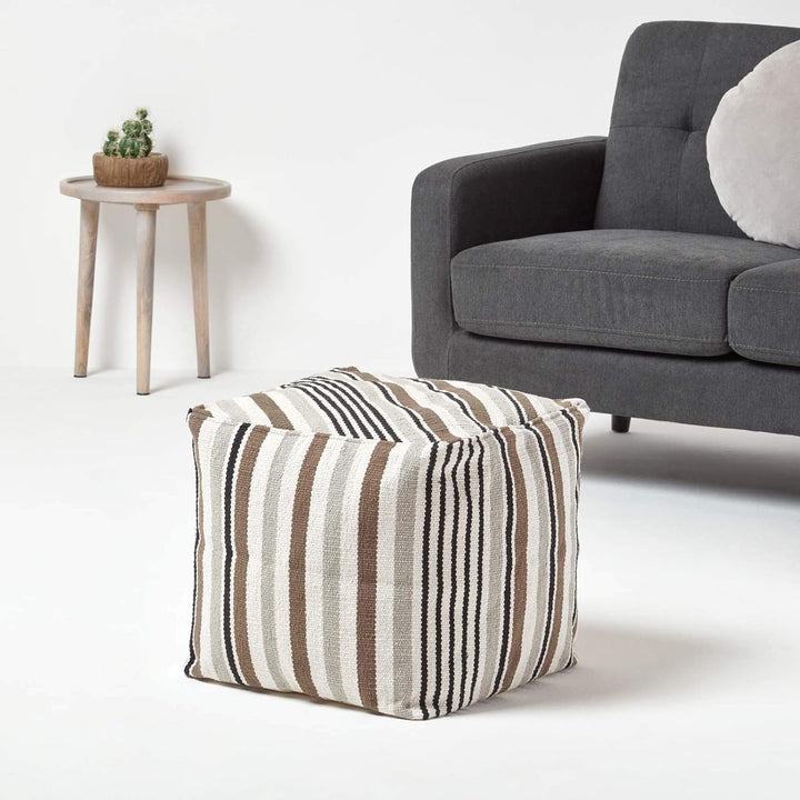Homescapes Moderner Sitzwürfel Pouf Sitzkissen Selam grau weiss gestreift skandinavisches Design 40