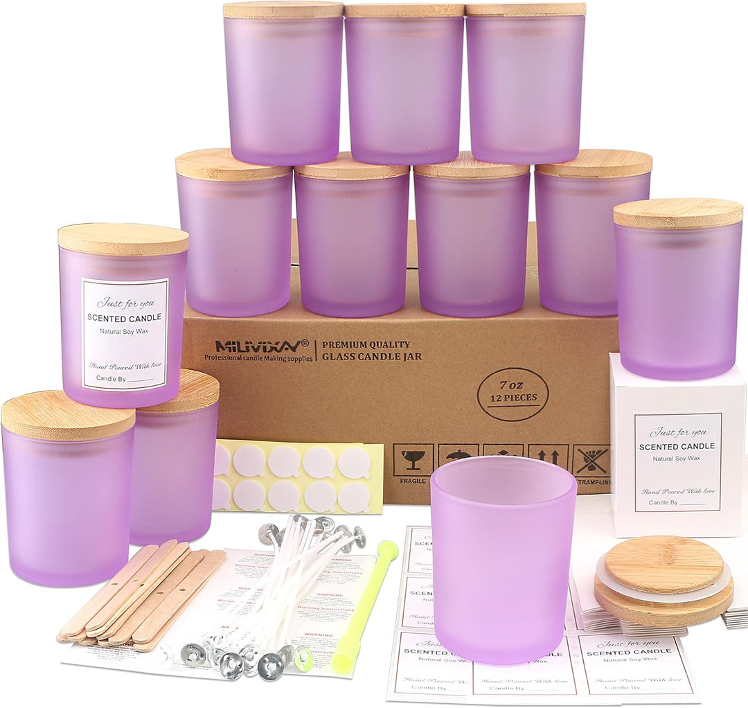 MILIVIXAY Mattierte lila Kerzengläser aus Glas mit Deckeln und Kerzenherstellungs-Sets, leere Kerzen