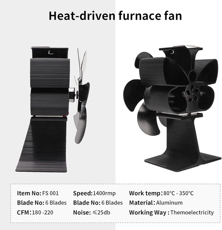 WuYan Ofenventilator,Kaminbesteck mit 6 BlĂ€ttern,ohne Strom Umweltfreundlich fĂŒr Kaminofen Holzbrenn