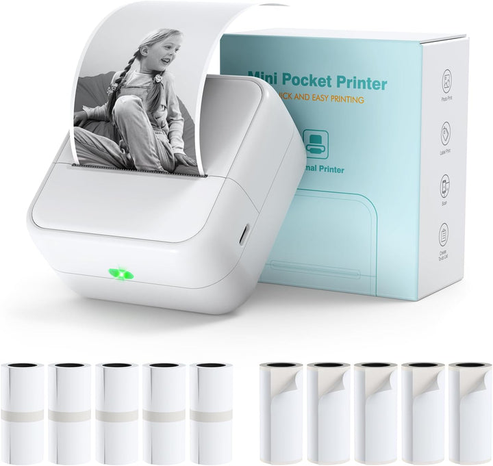 Bisofice S1 Mini Drucker für Smartphone mit 11 Rollen Druckerpapier, Sticker Drucker Mini Drucker Au