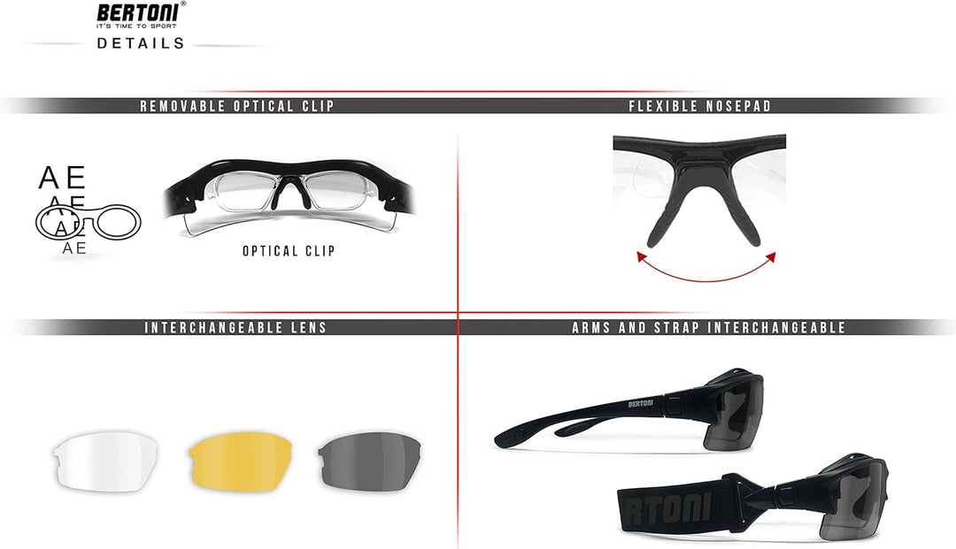 BERTONI Sportbrille mit Sehstärke für Brillenträger Selbsttönend Antibeschlag UV Schutz Gläsern und