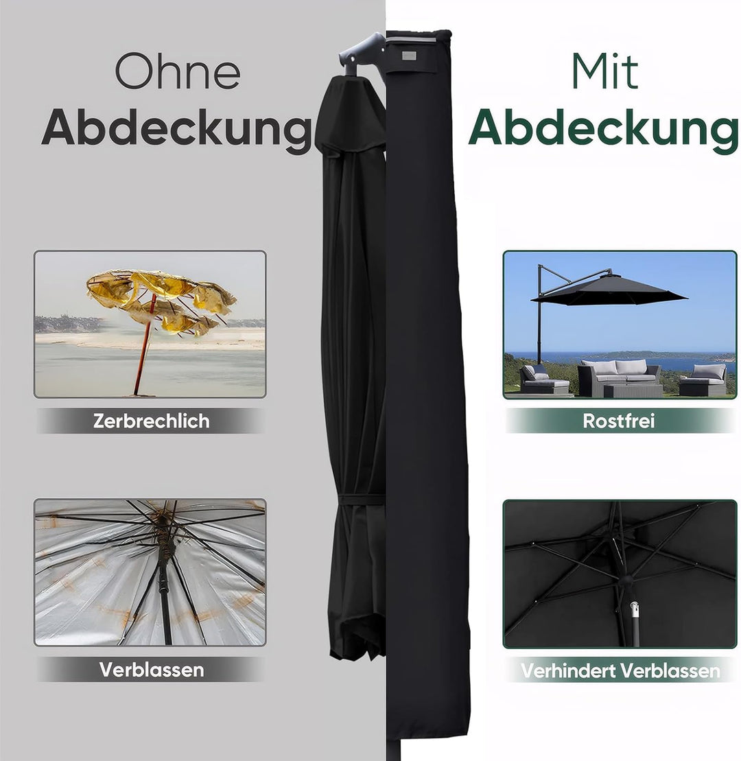 Sekey® Schutzhülle für Ampelschirm,Abdeckhauben für Sonnenschirm 260cm x 40/70/50cm Schwarz, 260cm x