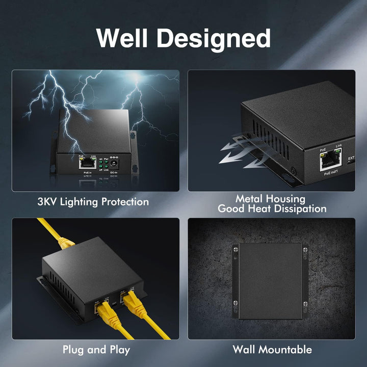 PoE Extender, 1 PoE in 2 PoE Out, IEEE802.3af/at PoE Powered, 10/100 Ethernet, Metal Small Wall Moun