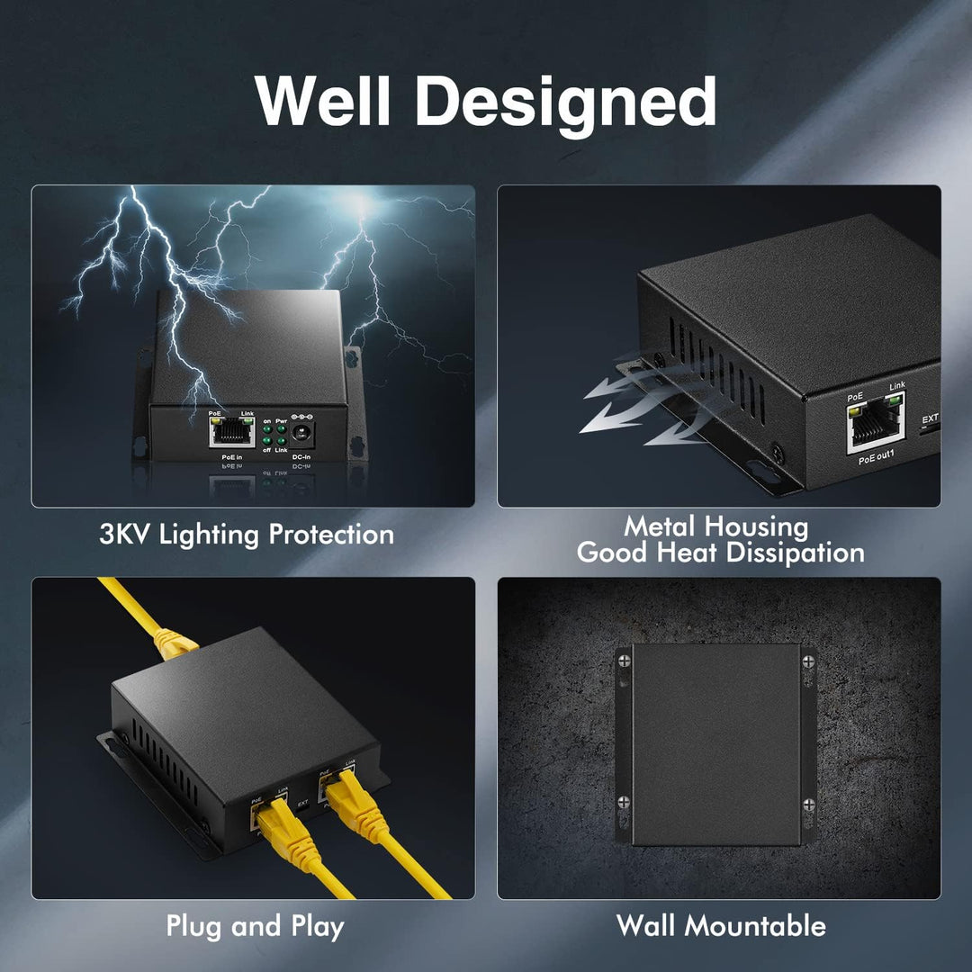 Gigabit PoE Extender, 1 PoE in 2 PoE Out, IEEE802.3af/at PoE Powered, 10/100/1000Mbps Ethernet, Meta