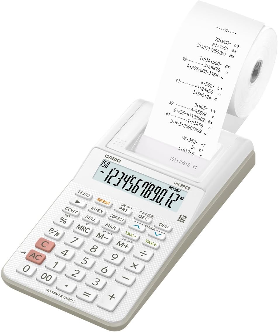 Casio HR-8RCE-WE Druckender Tischrechner Weiss Display (Stellen): 12 batteriebetrieben, netzbetriebe