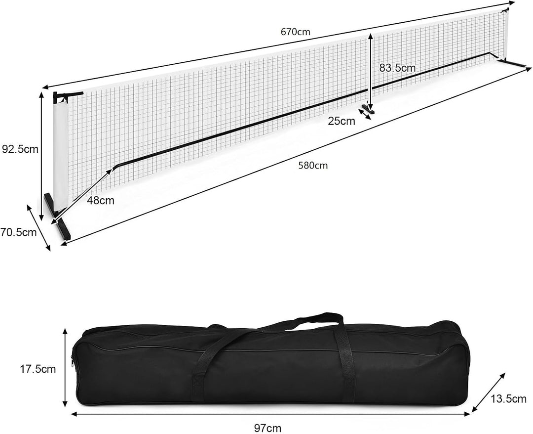 COSTWAY 670 x 92cm tragbares Tennisnetz, Pickleball-Netz in offizieller Grösse mit Metallrahmen & Tr