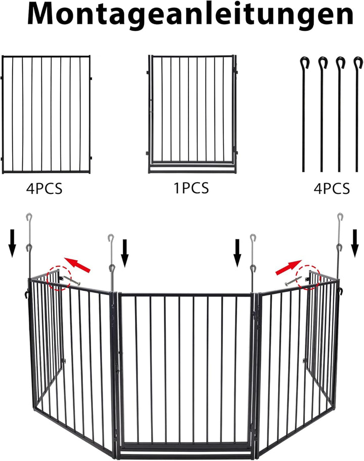 LZQ Kaminschutzgitter mit Tür Schwarz Ofenschutzgitter 5-teilig Gesamtlänge 305 cm Türschutzgitter F