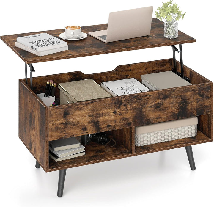 COSTWAY Couchtisch höhenverstellbar, Sofatisch mit anhebbarer Tischplatte & 2 offenen Regalen, auszi