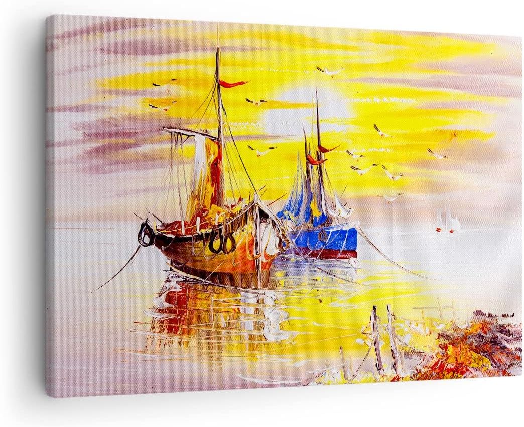 ARTTOR Bilder auf Leinwand Boote Sonne Meer Reisen Leinwandbild 70x50cm Wandbilder Dekoration Wohnzi