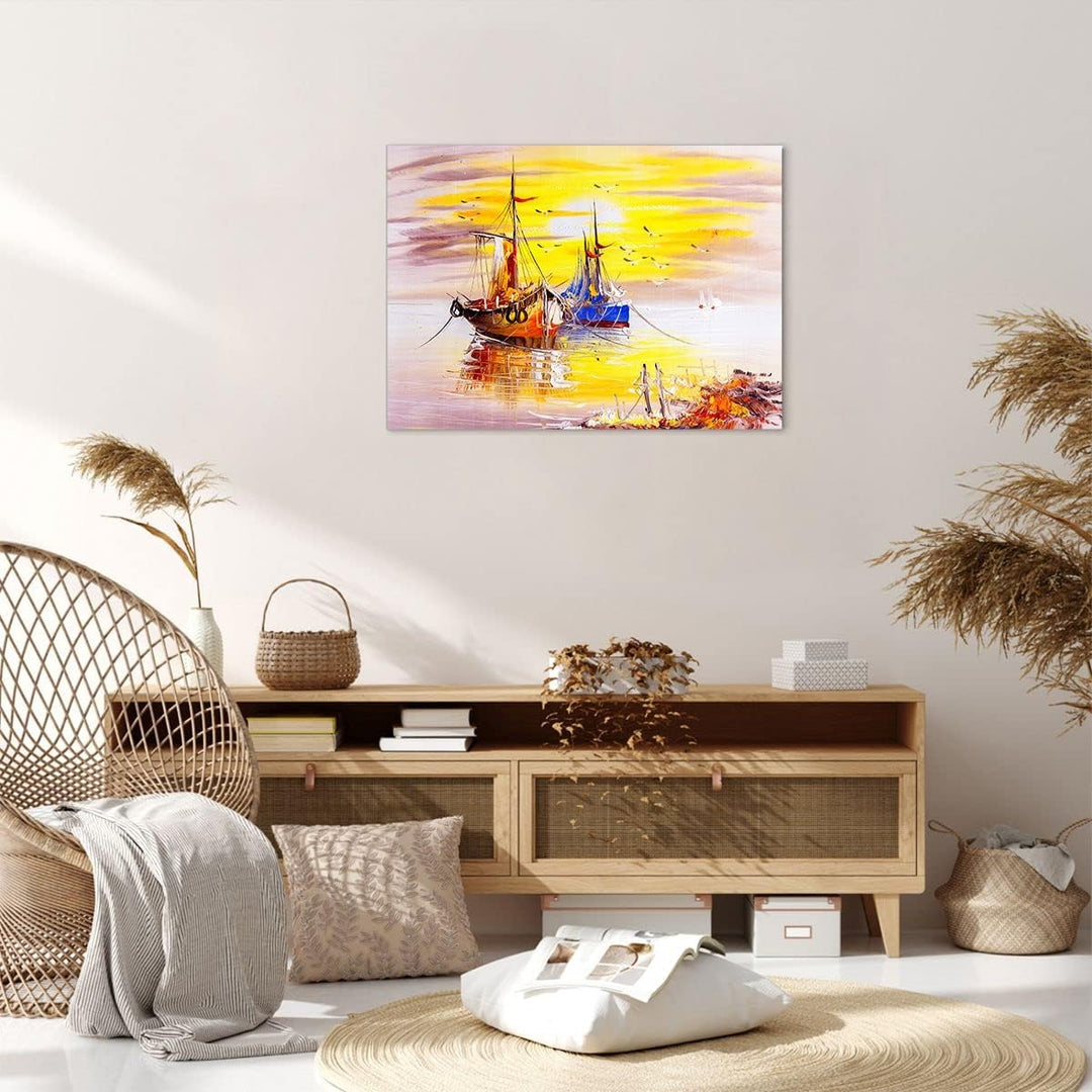 ARTTOR Bilder auf Leinwand Boote Sonne Meer Reisen Leinwandbild 70x50cm Wandbilder Dekoration Wohnzi