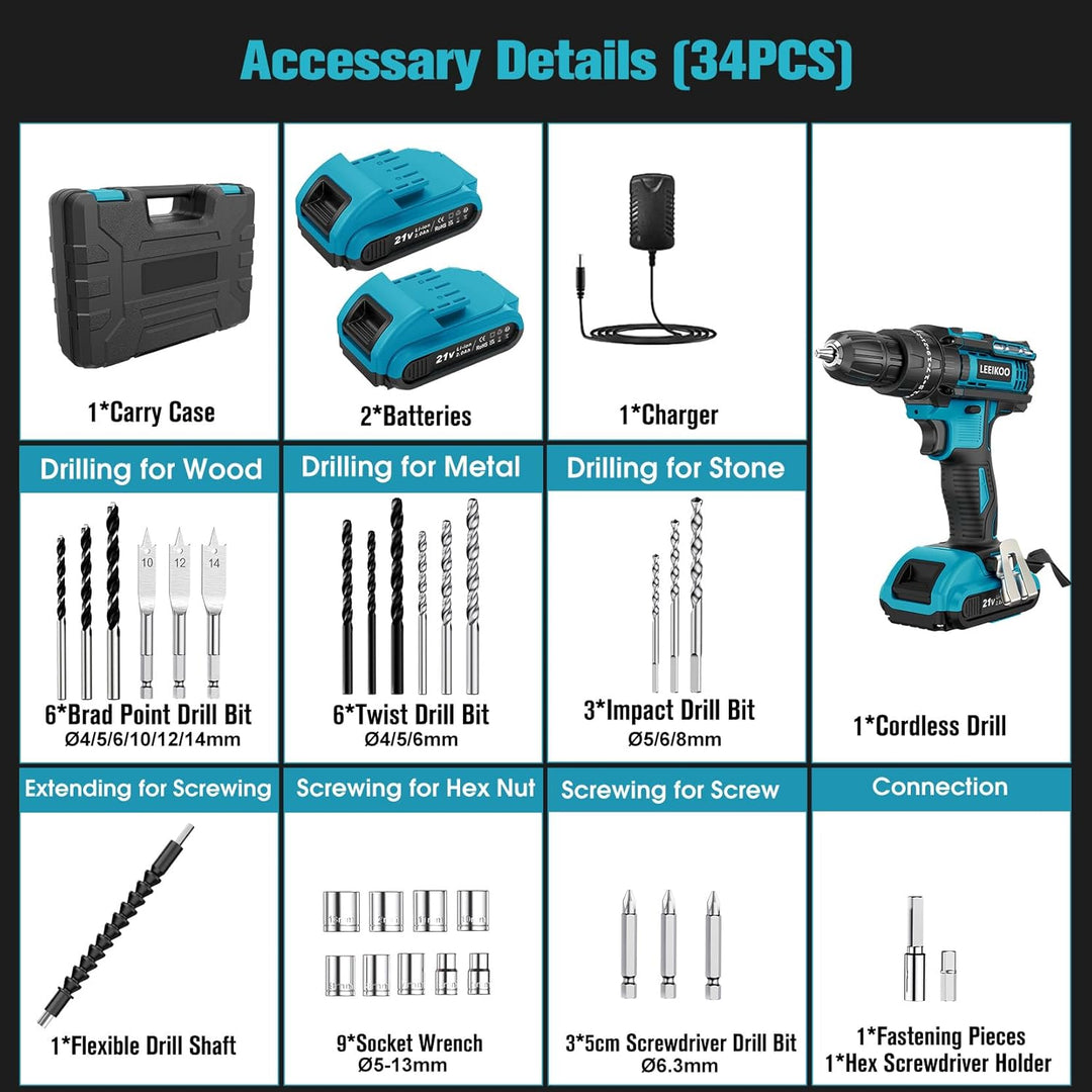 LEEIKOO Akkuschrauber 21V, Akku Bohrschrauber mit 2 Akkus 2.0Ah, 42N.m Akku Bohrmaschine, 25+3 Drehm
