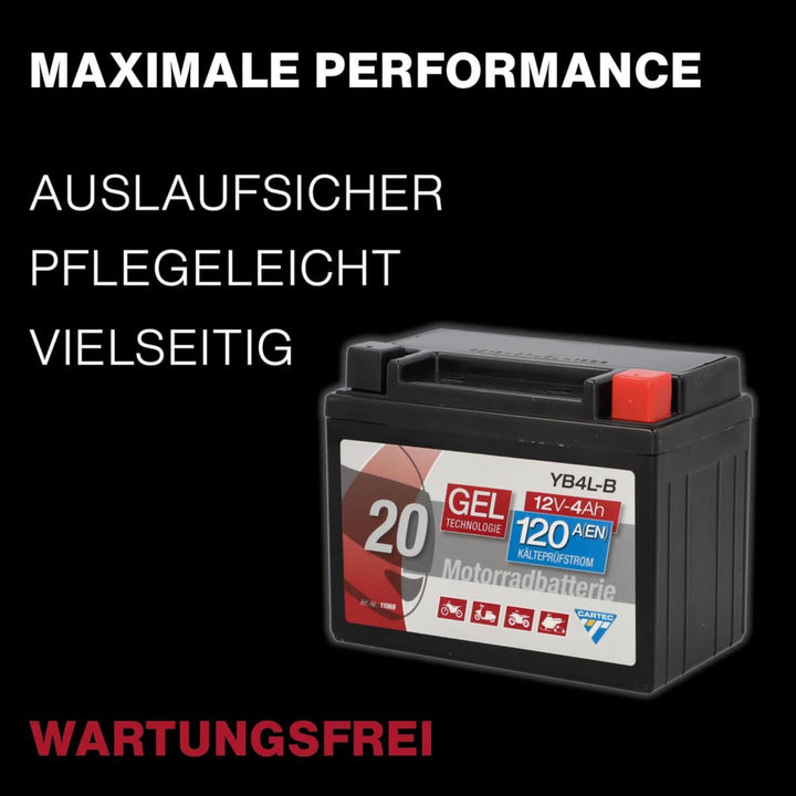 CARTEC Motorradbatterie YB4L-B, 4Ah 56A, Gel Technologie Motorrad-Starter-Batterie, Erstausrüsterqua