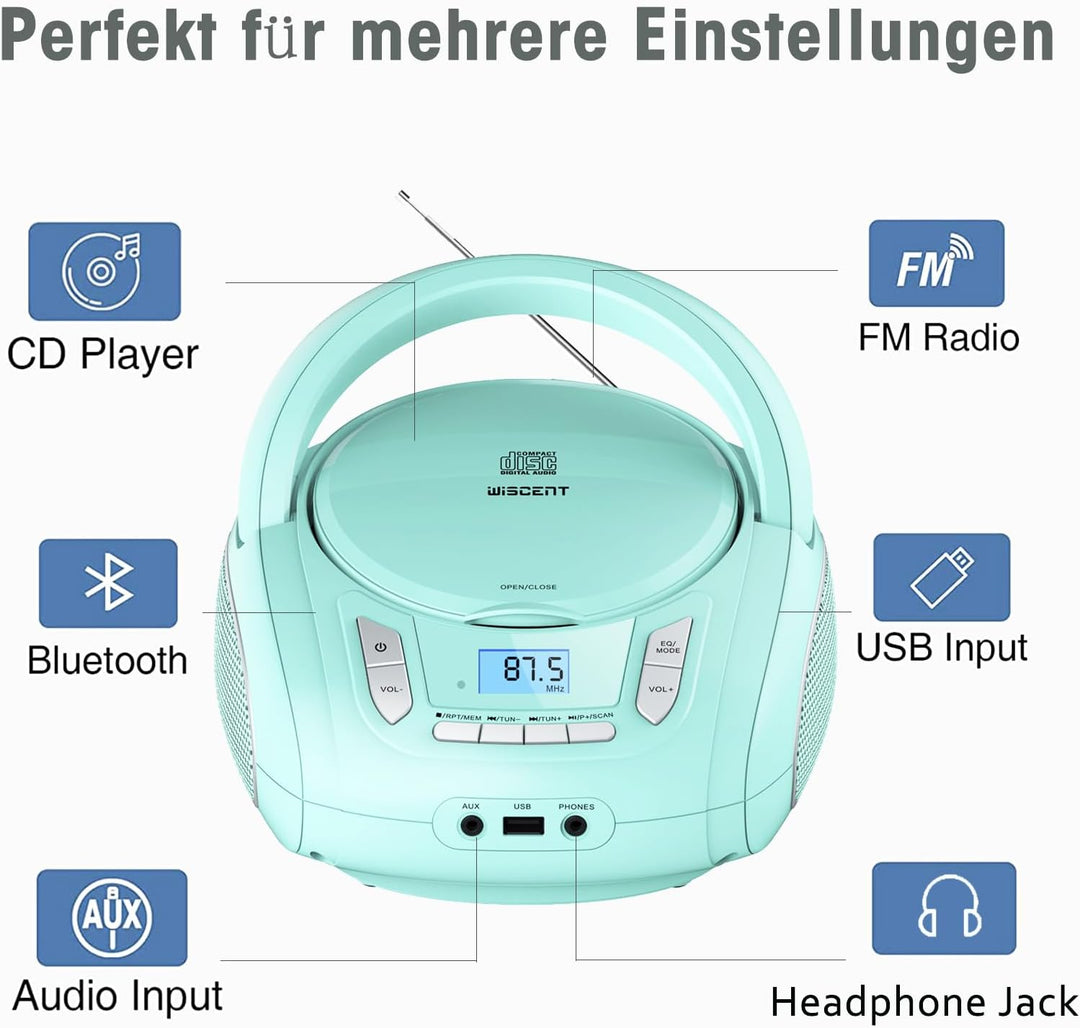 Tragbarer CD-Player fĂĽr Kinder - Radio-CD-Boombox mit Bluetooth, FM-Radio, USB-Eingang & AUX-Anschlu