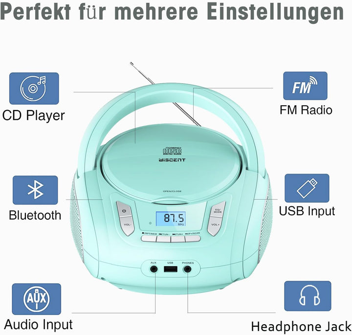 Tragbarer CD-Player fĂĽr Kinder - Radio-CD-Boombox mit Bluetooth, FM-Radio, USB-Eingang & AUX-Anschlu