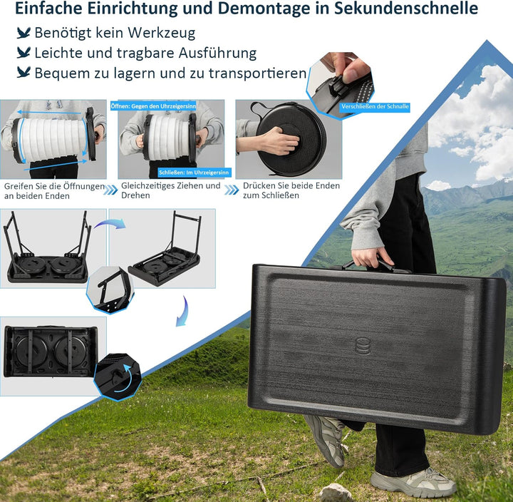 COSTWAY Tragbarer Klapptisch mit 2 LED Teleskophockern, Campingtisch und höhenverstellbarer Hocker,