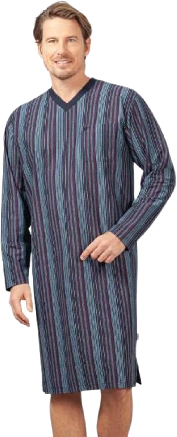 hajo Herren Nachthemd mit V-Ausschnitt Klima-Komfort 58 Blaukombi, 58 Blaukombi