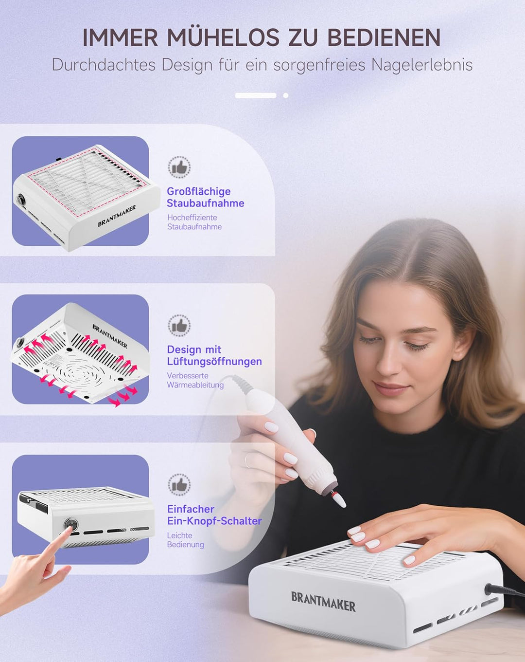 BRANTMAKER Staubabsaugung Nagelstudio Absaugung Nagelstaubsauger, mit Bürste und 2 Wiederverwendbare