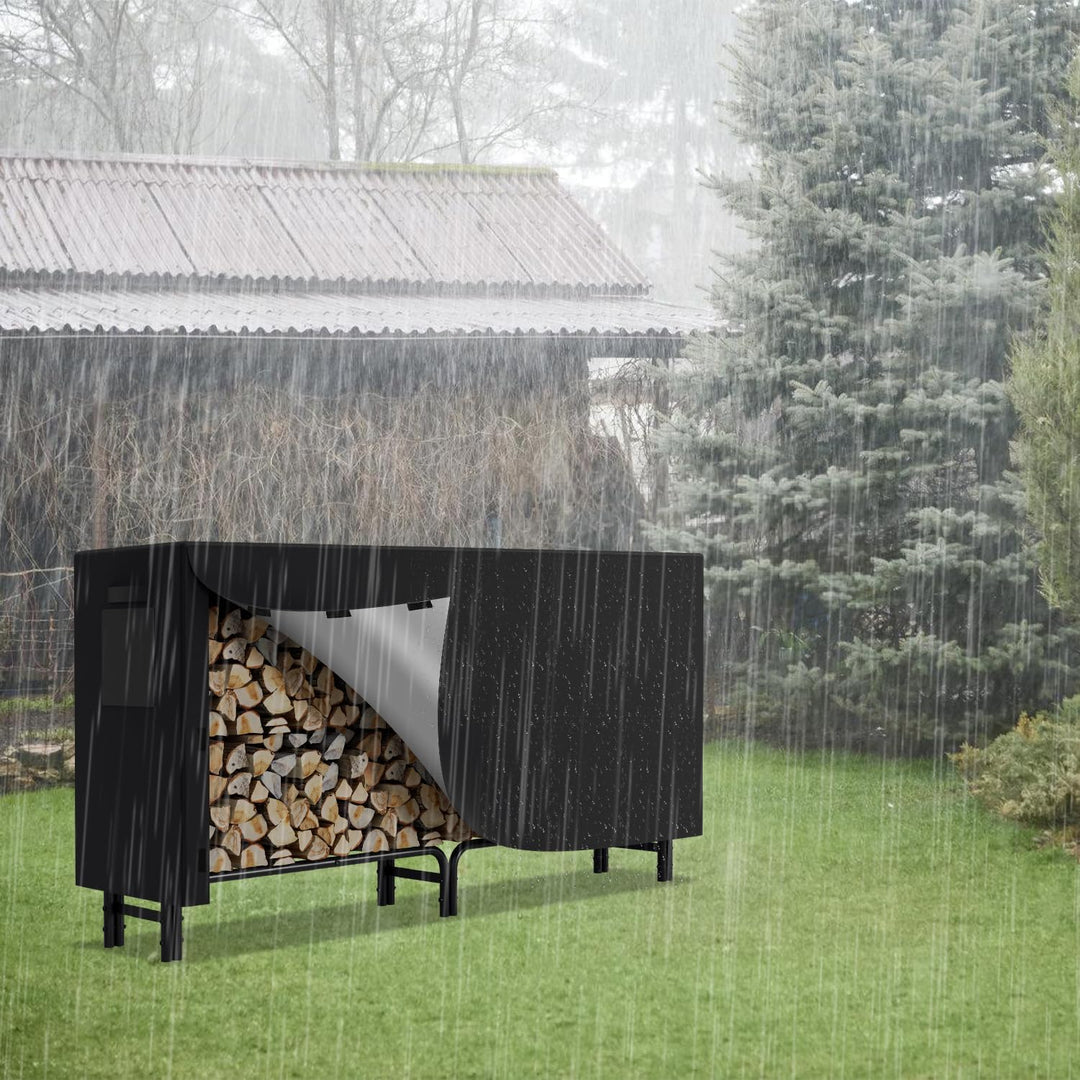 Lospitch Kaminholzregal mit Schutzhülle Stahlrahmen, Brennholzregal Aus Schwarzem Metall, Holzscheit