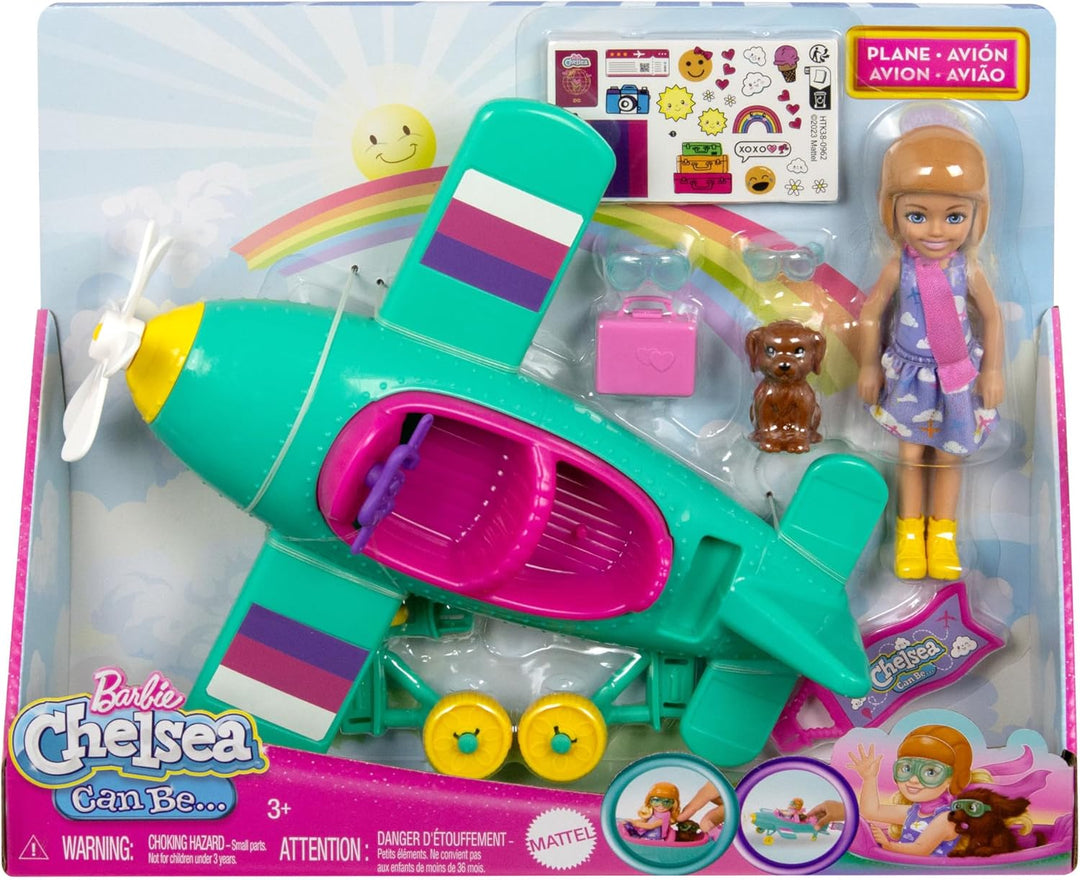 BARBIE Chelsea Flugzeug Puppe und Spielset - Pilotenpuppe, Flugzeug, Hündchen und Zubehör für Geschi