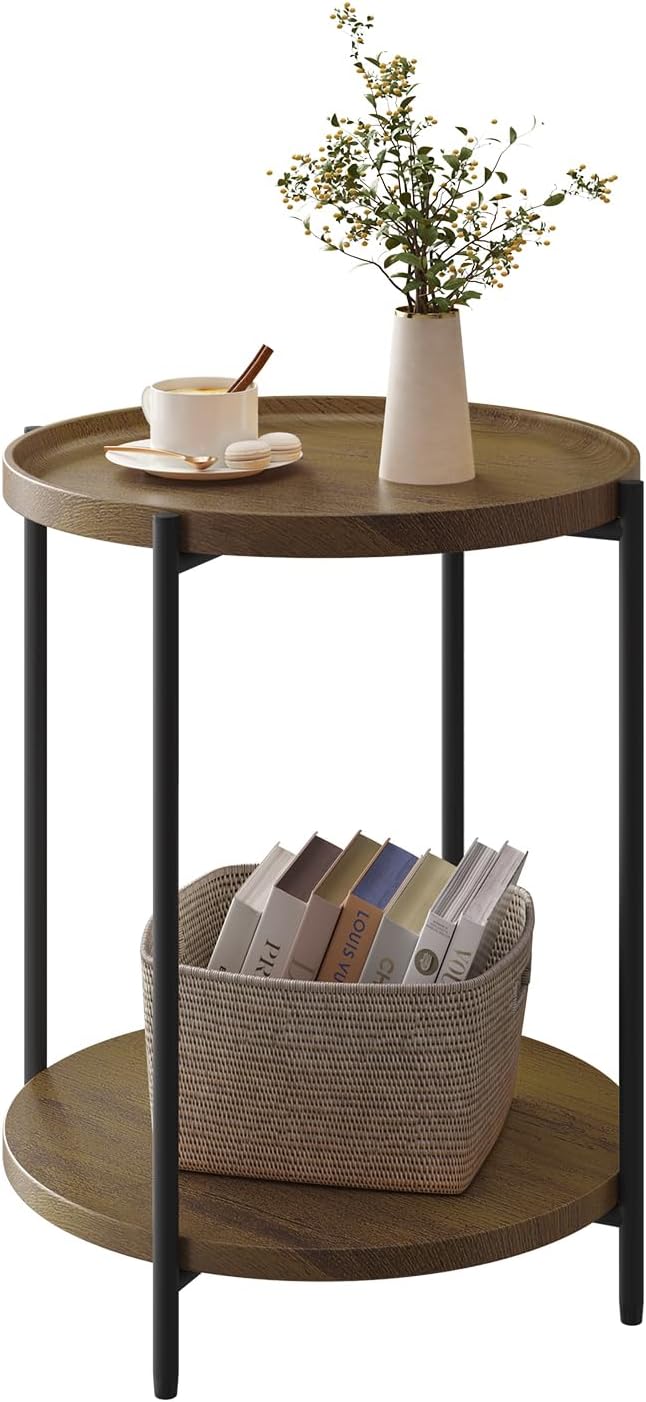 WOLTU Couchtisch rund, Beistelltisch mit 2 Ablagen, Wohnzimmertisch mit Abnehmbarer Tischplatte, Nac