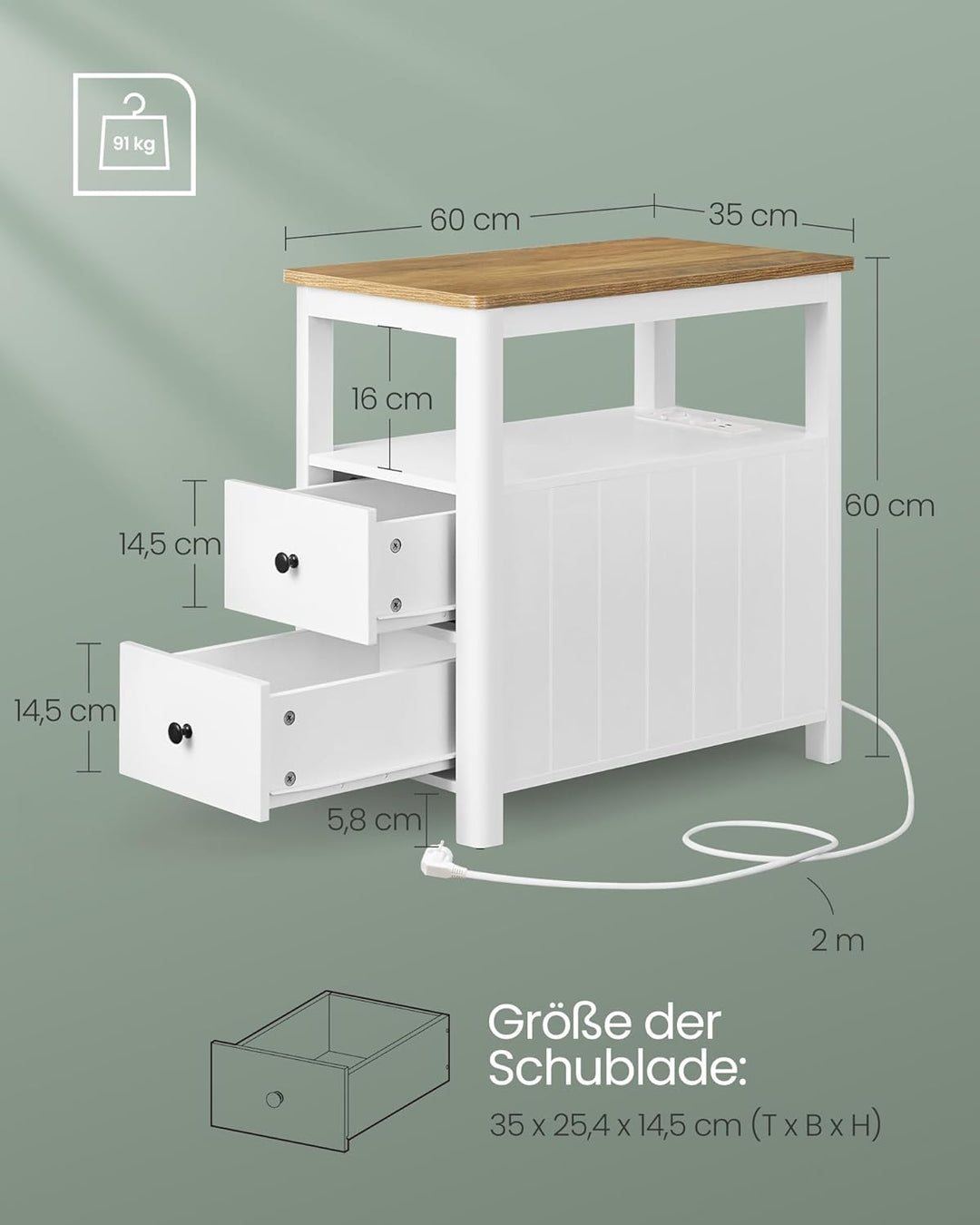 VASAGLE Beistelltisch, schmaler Nachttisch mit Steckdosenleiste, 2 Schubladen, Sofatisch, für kleine