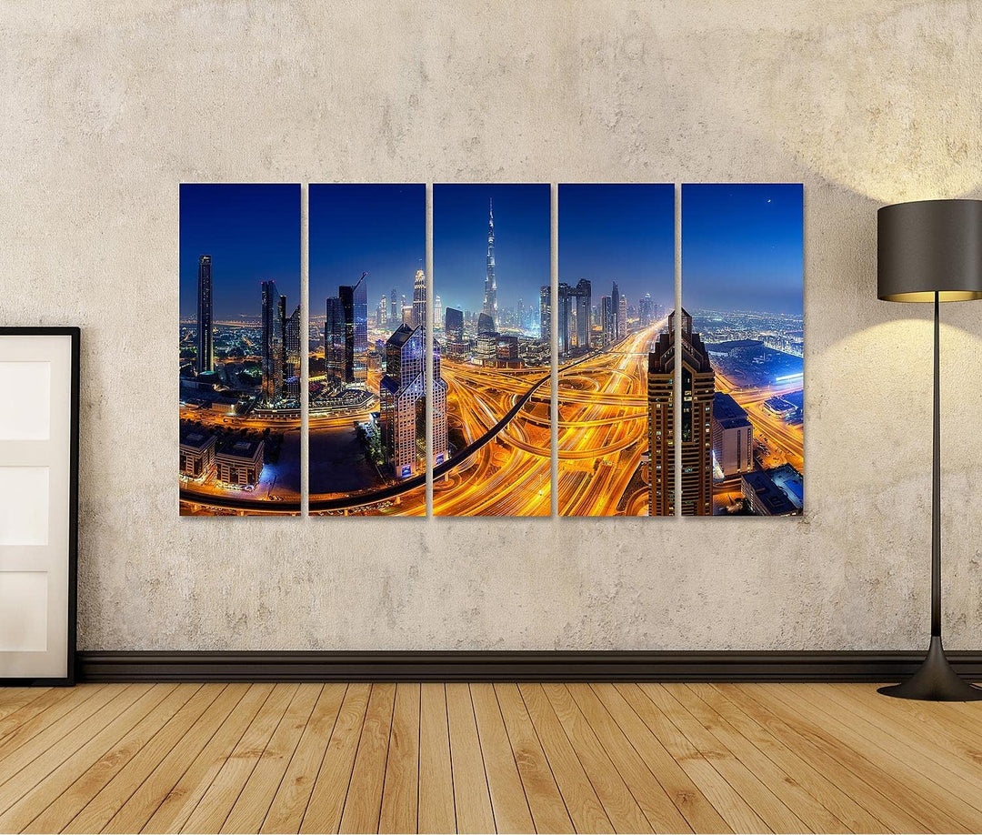 islandburner Bild auf Leinwand Dubai Skyline Nacht Panoramablick Bilder Wandbilder Poster Leinwand 1