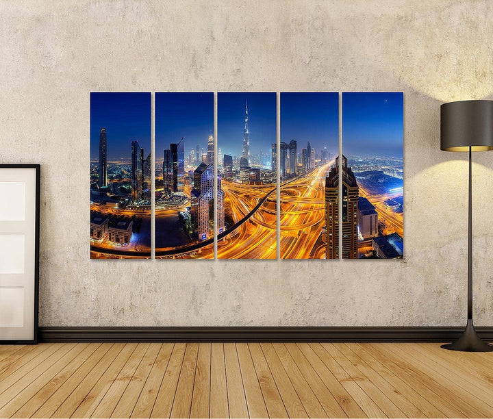 islandburner Bild auf Leinwand Dubai Skyline Nacht Panoramablick Bilder Wandbilder Poster Leinwand 1