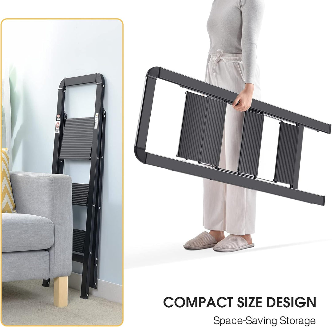 KINGRACK Stufenleiter, Trittleiter 3 Stufen, Klapptrittleiter mit Handlauf, rutschfeste Haushaltslei